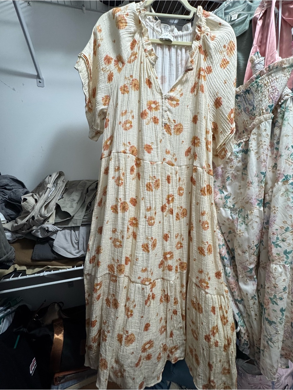 Cream Floral Tiered Midi Dress with Ruffle Neck
